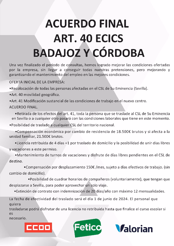 CCOO ECICS ACUERDO FINAL ARTICULO ART 40 BADAJOZ Y CORDOBA 