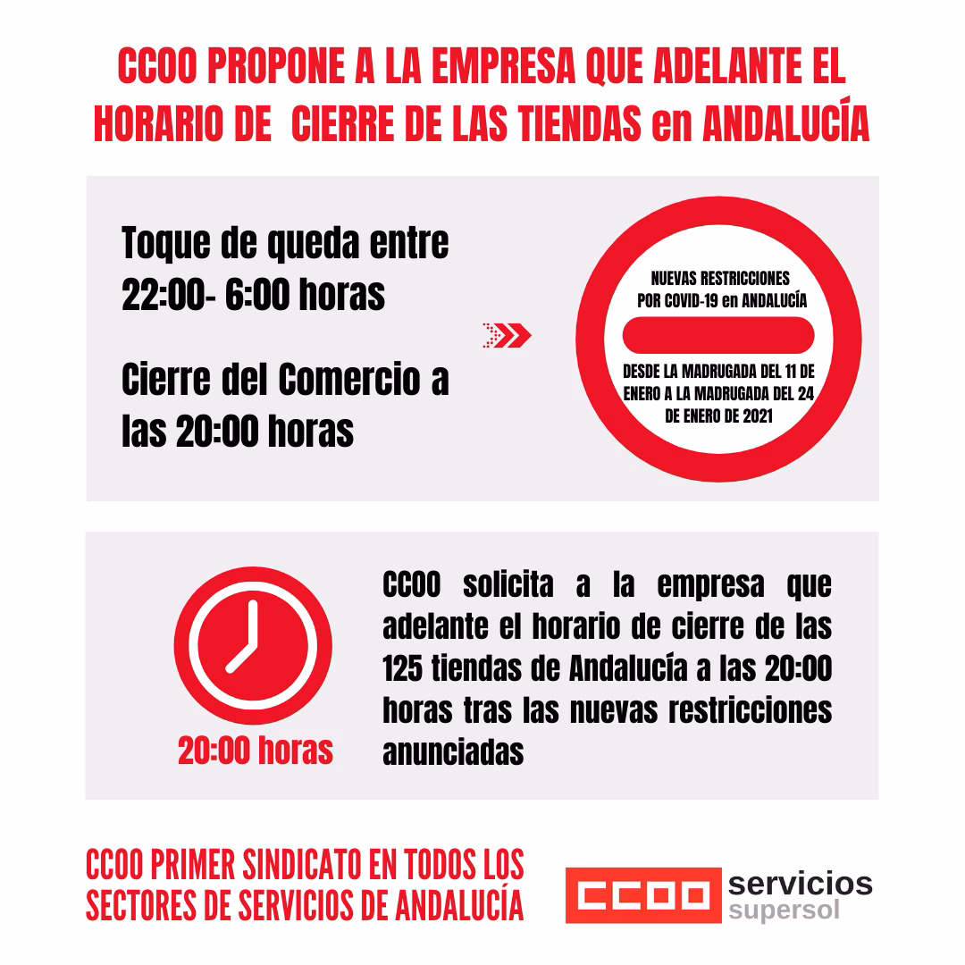 CCOO solicita que se adelante el horario de cierre por la restricción de las medidas sanitarias en Andalucía