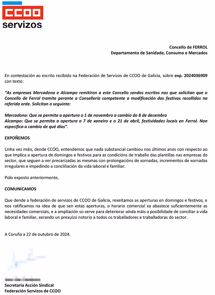 Carta contestación apertura festivos Concello Ferrol