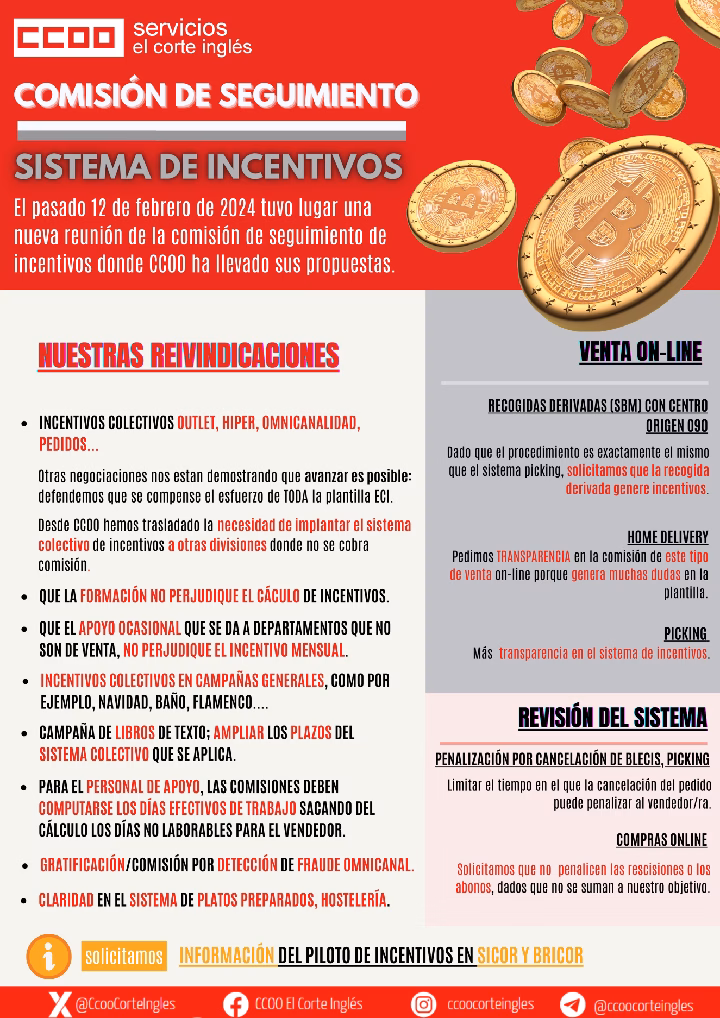 COMISIÓN DE SEGUIMIENTO DE INCENTIVOS CCOO ECI EL CORTE INGLES REUNIÓN 12 DE FEBRERO DE 2024