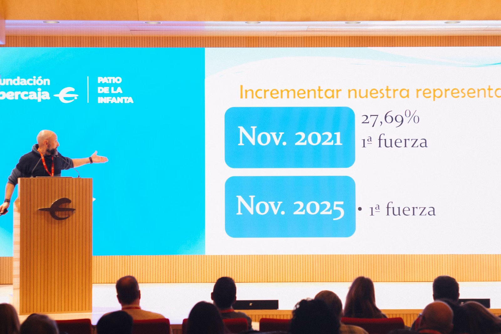 Michi Villalba en la presentación del informe balance durante el Plenario de la Sección Sindical de Ibercaja
