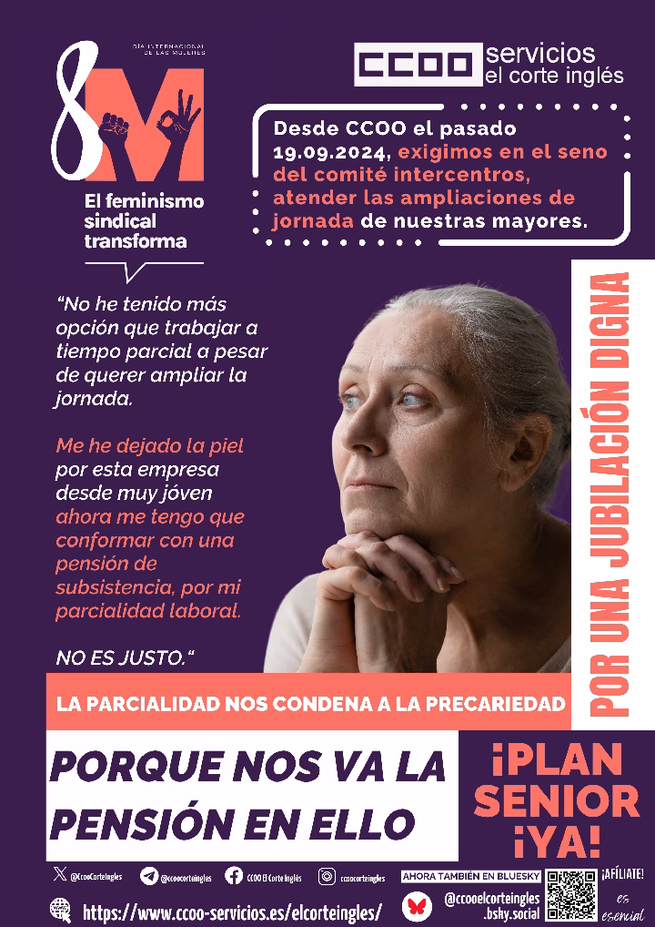 CCOO ECI 8M DÍA INTERNACIONAL DE LA MUJER PARCIALIDAD PRECARIEDAD AUMENTO JORNADA MAYORES MUJERES