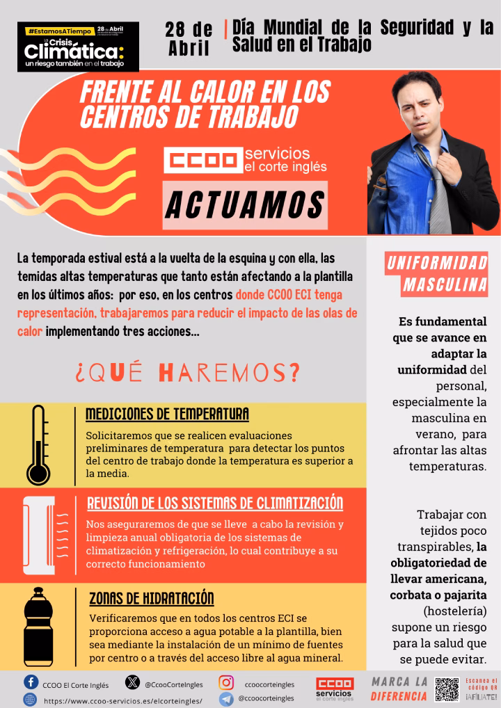 CCOO ECI 28 DE ABRIL DE 2024 DIA MUNDIAL DE LA SEGURIDAD Y SALUD EN EL TRABAJO CALOR EN LOS CENTROS DE TRABAJO