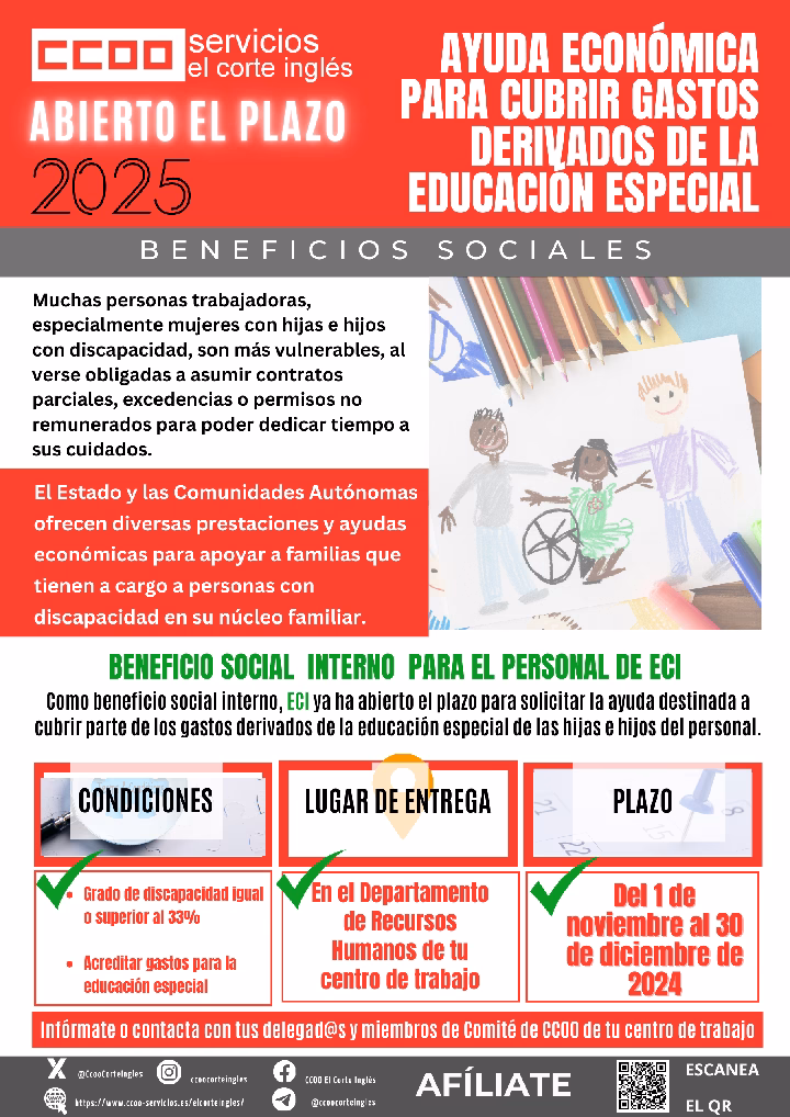 CCOO ECI COMISIONES OBRERAS EL CORTE INGLÉS AYUDA ECONÓMICA PARA CUBRIR GASTOS DERIVADOS DE LA EDUCACIÓN ESPECIAL DE LAS HUJAS E HIJOS DE EMPLEADOS CON DISCAPACIDAD 2025