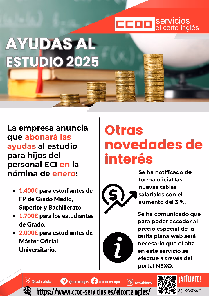 CCOO ECI FUNDACIÓN RAMÓN ARECES BECA AYUDAS AL ESTUDIO PARA HIJOS DE EMPLEADOS 2025 ABONO NÓMINA DE ENERO