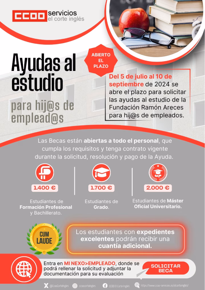 CCOO ECI EL CORTE INGLÉS FUNDACIÓN RAMÓN ARECES AYUDAS AL ESTUDIO PARA HIJOS DE EMPLEADOS BECAS BECA 