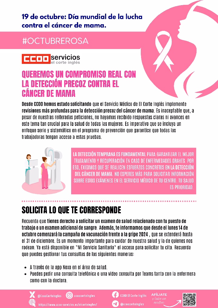 CCOO ECI CCOO ECICS COMISIONES OBRERAS EL CORTE INGLES COMISIONES OBRERAS CADENA DE SUMINISTRO 19 DE OCTUBRE; DÍA INTERNACIONAL DE LA LUCHA CONTRA EL CÁNCER DE MAMA QUEREMOS CAMPAÑAS DE PREVENCIÓN EN LA EMPRESA CONTRA EL CÁNCER DE MAMA