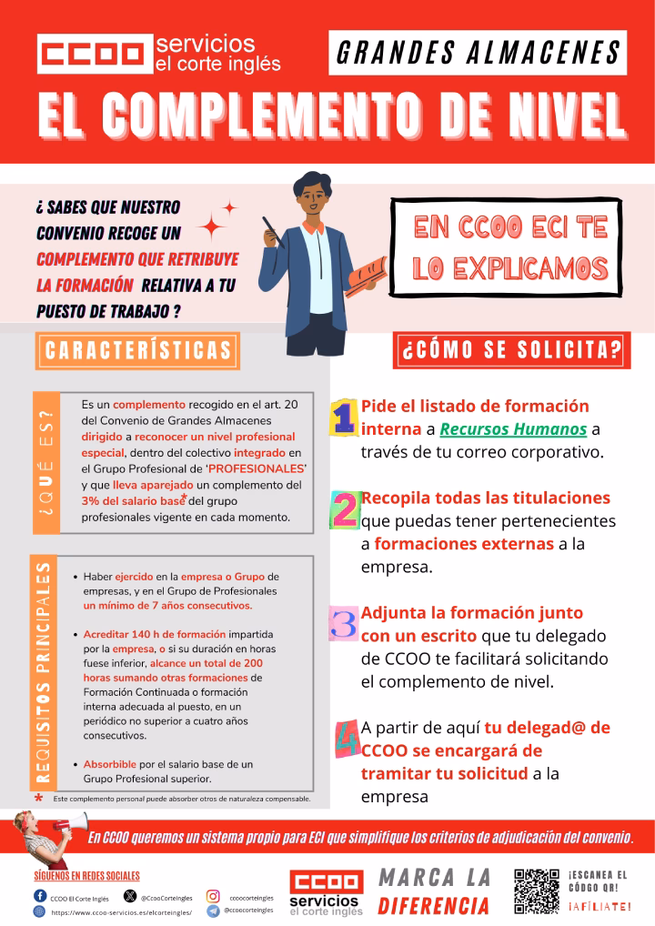 CCOO ECI GRANDES ALMACENES EL COMPLEMENTO DE NIVEL CARACTE´RISTICAS REQUISITOS PRINCIPALES CÓMO SE SOLICITA