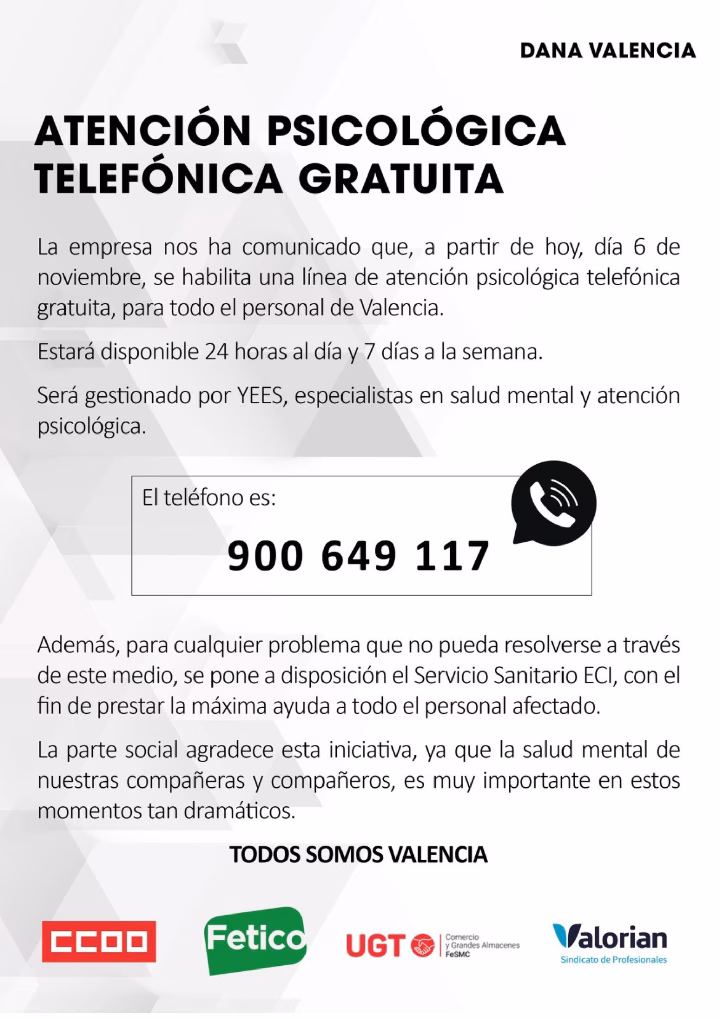 CCOO ECI DANA PROVINCIA DE VALENCIA TELÉFONO DE AYUDA DE ATENCIÓN PSICOLÓGICA