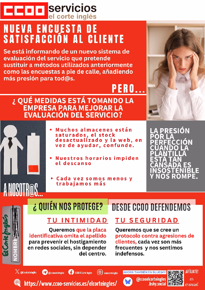 CCOO ECI NUEVA ENCUESTA DE SATISFACCIÓN AL CLIENTE CCOO ECI EN CONTRA DE PRESIONAR A LA PLANTILLA POR LA EXCELENCIA