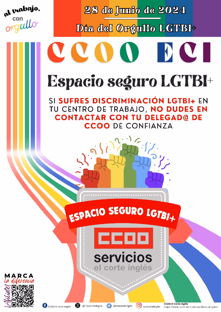 CCOO ECI EL CORTE INGLÉS 28 DE JUNIO DIA INTERNACIONAL DEL ORGULLO LGTBI+ CCOO ECI ESPACIO SEGURO LGTBI+