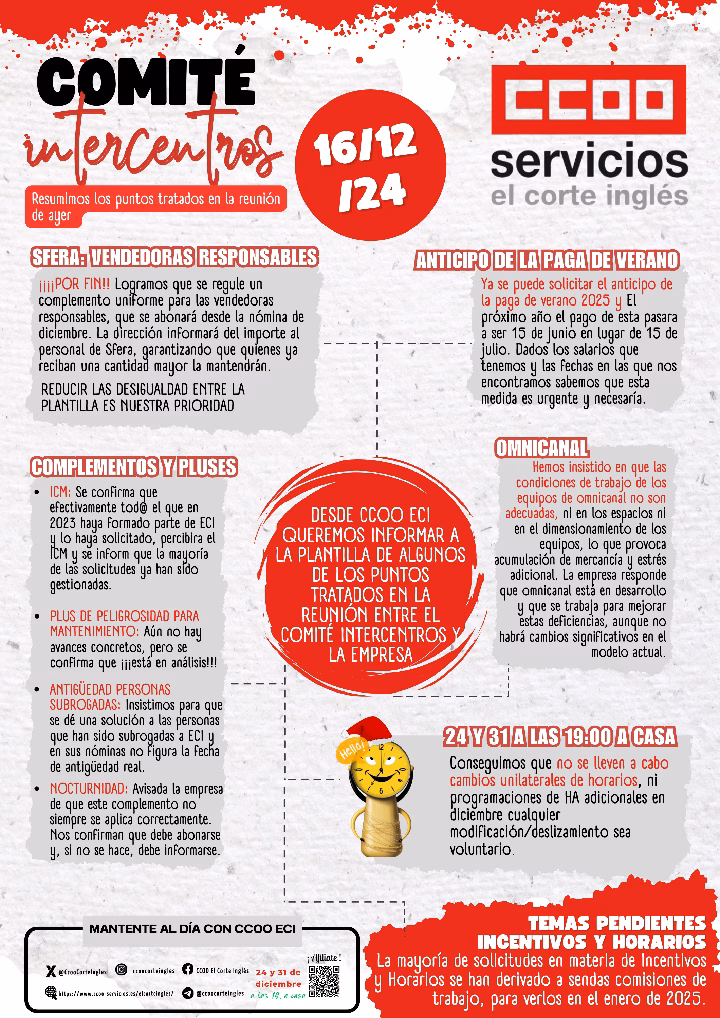 CCOO ECI COMITÉ INTERCENTROS EMPRESA REUNIÓN 16 DE DICIEMBRE DE 2024
