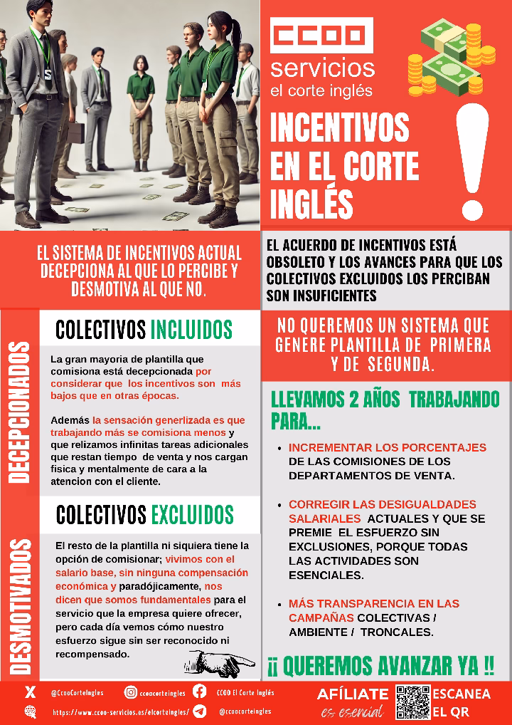 CCOO ECI COMISIONES OBRERAS EL CORTE INGLÉS SISTEMA DE INCENTIVOS ECI MUCHO POR MEJORAR NO QUEREMOS PLANTILLA DE PRIMERA Y PLANTILLA DE SEGUNDA