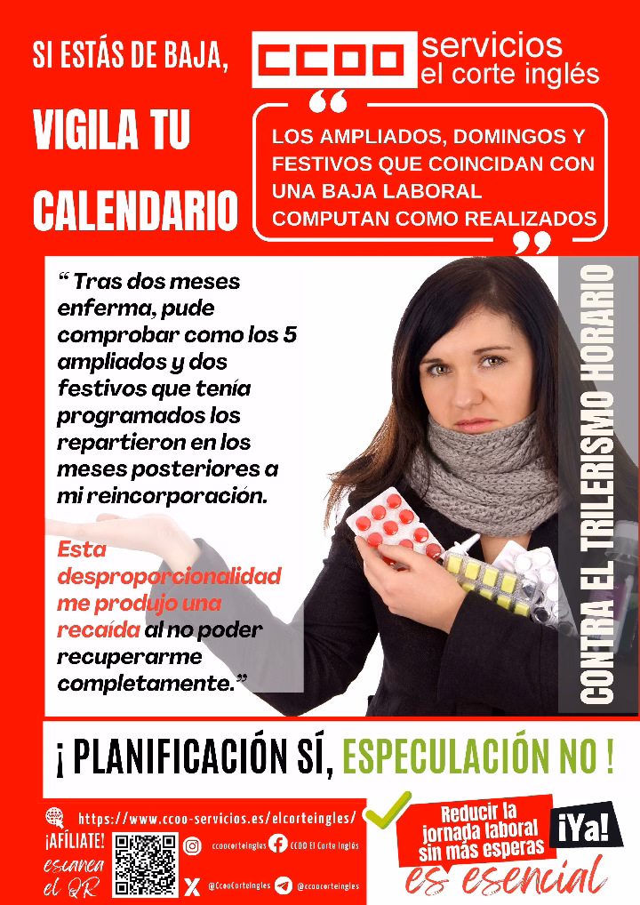 CCOO ECI SISTEMA DE HORARIOS DESPROPORCIONALIDAD DOMINGOS Y FESTIVOS AMPLIADOS TRAS REINCORPORACIÓN DE UNA BAJA LOS DIAS DE IT SON DIAS DE TRABAJO EFECTIVO