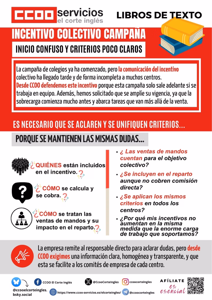 CCOO ECI SISTEMA DE INCENTIVOS COMISIONES TRONCALES EN LA CAMPAÑA DE COLEGIOS LIBROS DE TEXTO