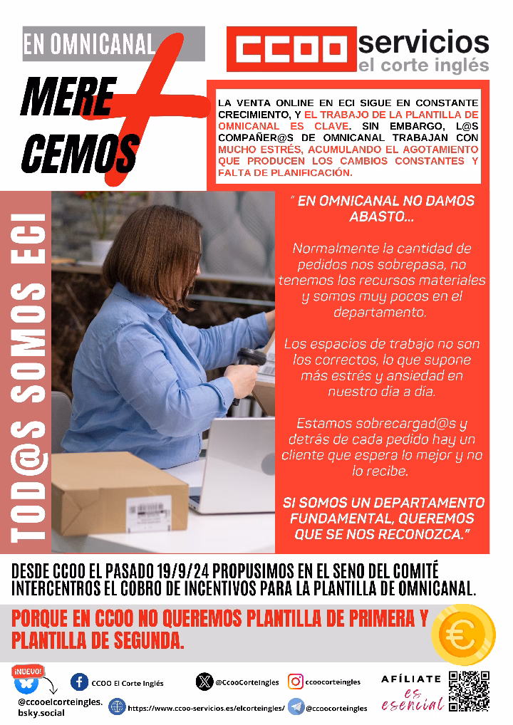 CCOO ECI COMISIONES OBRERAS EL CORTE INGLÉS NO QUEREMOS PLANTILLA DE PRIMERA Y PLANTILLA DE SEGUNDA EN OMNICANAL MERECEMOS INCENTIVOS VENTA ON-LINE VENTA INTERNET