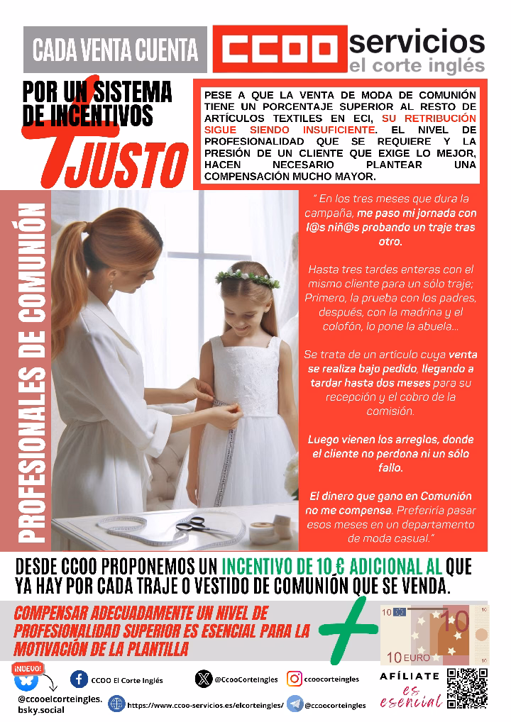 CCOO ECI COMISIONES OBRERAS EL CORTE INGLÉS PROFESIONALES DE COMUNIÓN INCENTIVO ADICIONAL DE 10? AL QUE YA EXISTE POR CADA TRAJE O VESTIDO DE COMUNIÓN QUE SE VENDA