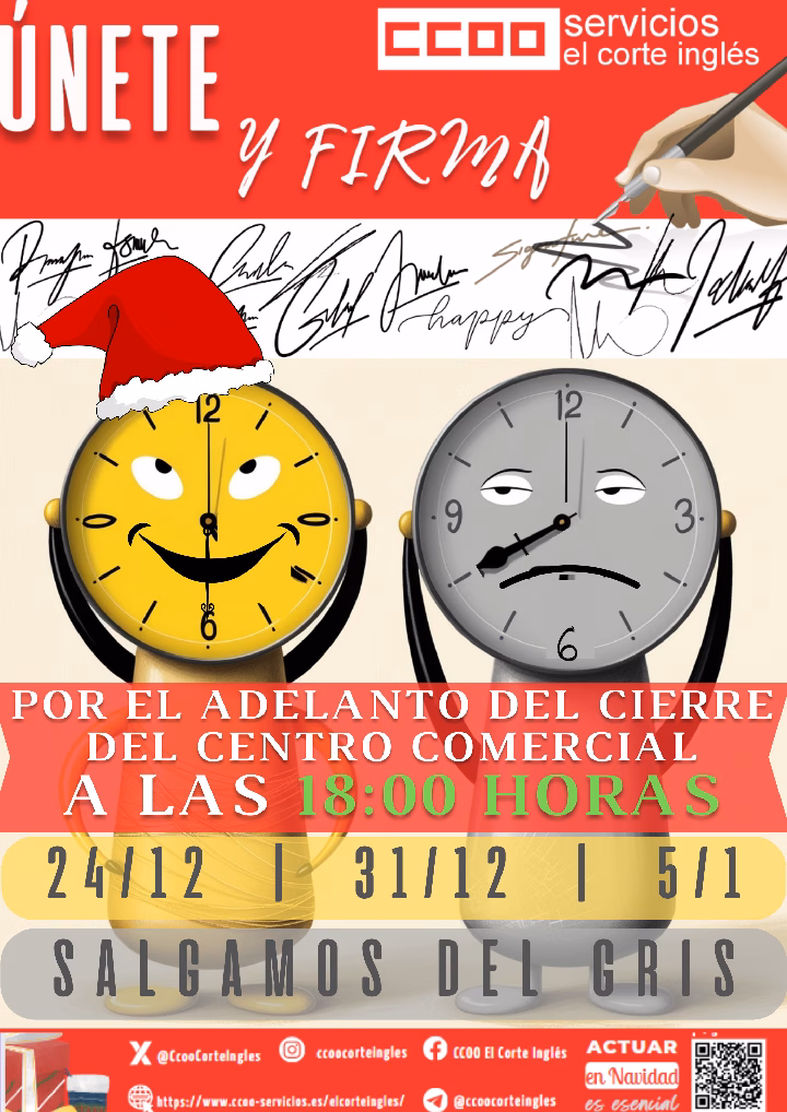 CCOO ECI COMISIONES OBRERAS EL CORTE INGLÉS ´¡ ÚNETE Y FIRMA ! POR EL ADELANTO DEL CIERRE DE LOS CENTROS COMERCIALES Y TIENDAS EL CORTE INGLÉS A LAS 18:00 horas