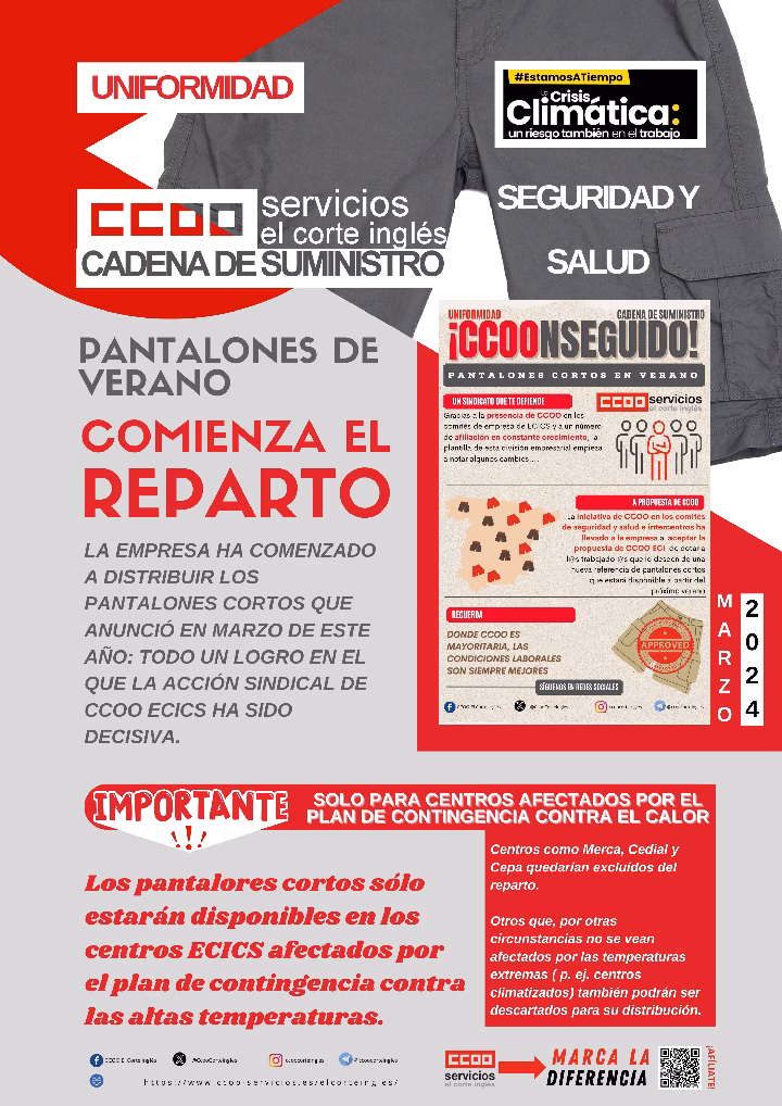 CCOO ECICS CADE DE SUMINISTRO  UNIFORMIDAD DE VERANO PANTALONES CORTOS COMIENZA EL REPARTO