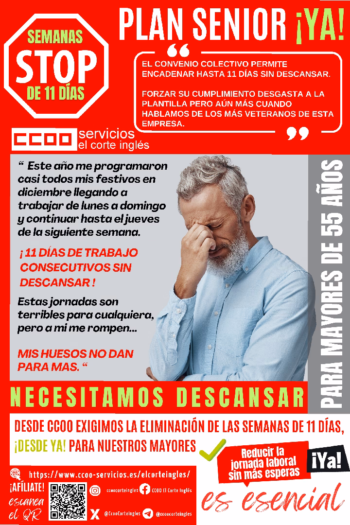 CCOO EL CORTE INGLES REDUCCION JORNADA LABORAL PLAN SENIOIR STOP NO A LAS SEMANAS DE 11 DÍAS DESDE YA