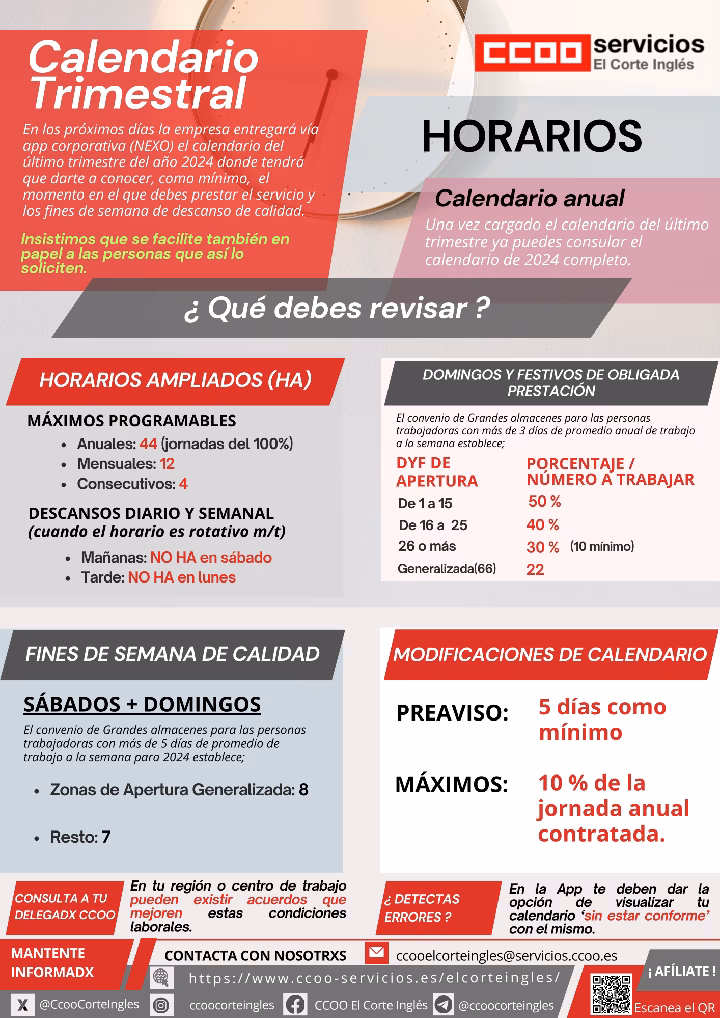CCOO ECI COMISIONES OBRERAS EL CORTE INGLÉS CALENDARIO TRIMESTRAL HORARIOS QUÉ DEBES REVIAR CONVENIO COLECTIVO DE GRANDES ALMACENES