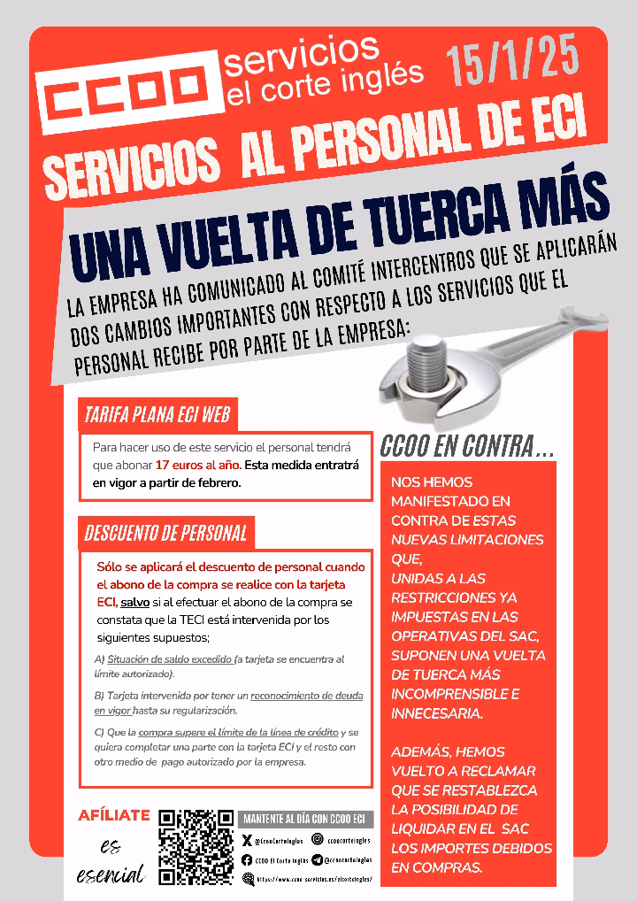 CCOO ECI COMISIONES OBRERAS EL CORTE INGLÉS SERVICIOS AL PERSONAL PAGO TARJETA ECI TECI COBRO TARIFA PLANA WEB