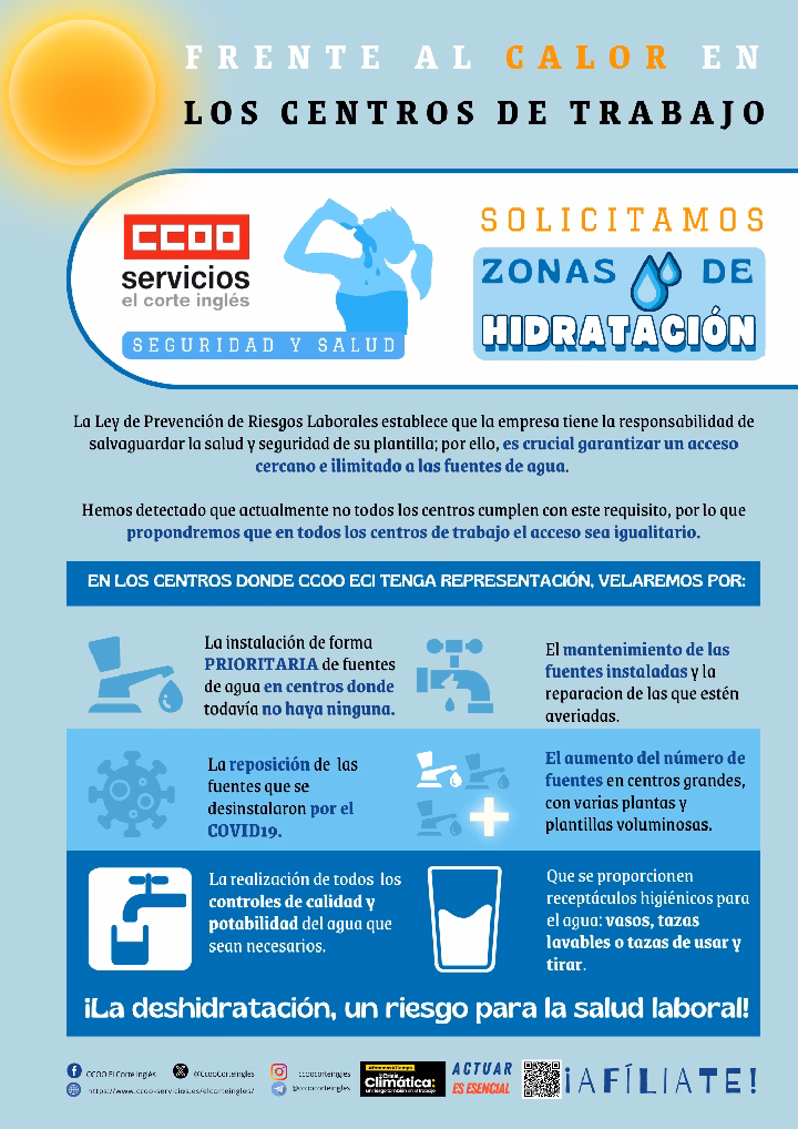 CCOO ECI EL CORTE INGLÉS ACCESO AL AGUA POTABLE PLANTILLA CALOR EN LOS CENTROS DE TRABAJO TEMPORADA DE VERANO 2024 FRENTE AL CALOR EN LOS CENTROS DE TRABAJO SOLICITAMOS ZONAS DE HIDRATACIÓN