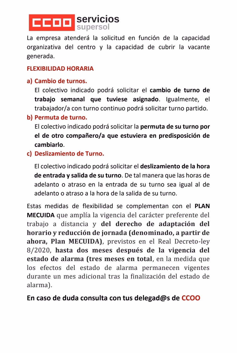 Supersol medidas de flexibilidad interna y Plan Mecuida Supersol