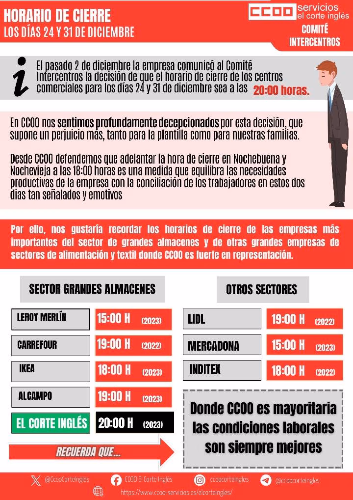 HOARIO CIERRE ESPECIAL NOCHEBUENA NOCHEVIEJA 2023 24 Y 31 DE DICIEMBRE CENTROS COMERCIALES EL CORTE INGLES CCOO