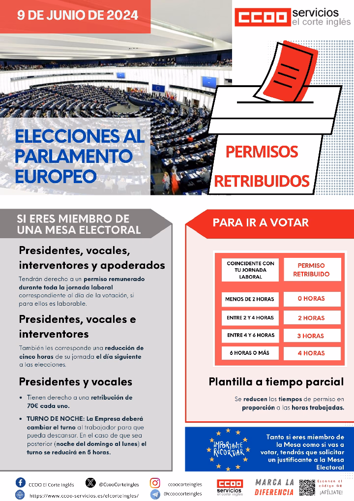 CCOO ECI 9J: ELECCIONES EUROPEAS 9 DE JULIO DE 2024 PERMISOS RETRIBUIDOS EL CORTE INGLÉS