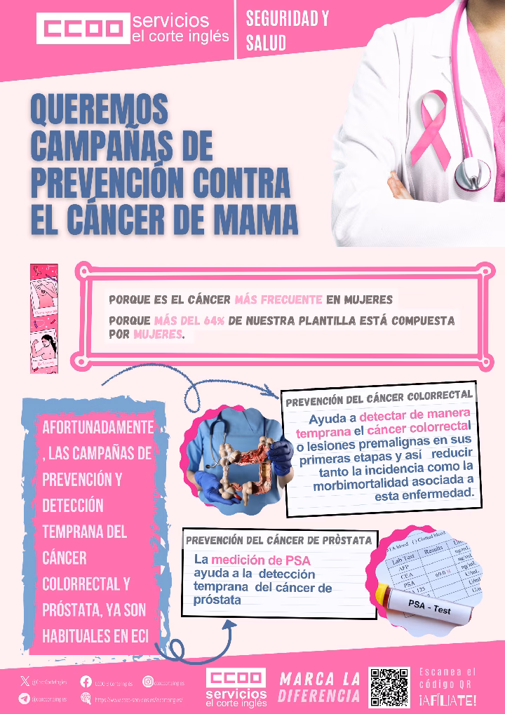 CCOO ECI QUEREMOS CAMPAÑAS DE PREVENCIÓN DEL CÁNCER DE MAMA SEGURIDAD Y NSALUD LABORAL EL CORTE INGLÉS